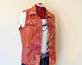 Orange Small Cotton VEST - Cherry Red Dyed Urban Upcycled Southern Lady Cotton Denim Vest - Adult Womens Size Small (38 chest)