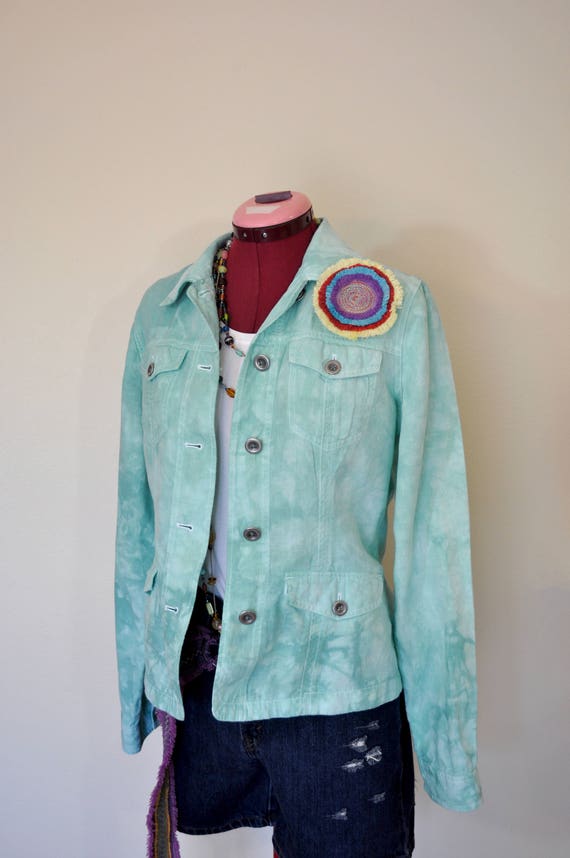 Teal Small Linen JACKET - Aqua Turquoise Dyed Upcy