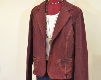 Red XL Denim JACKET - Dark Red Dyed Upcycled Casual Corner Cotton Denim Blazer Jacket - Adult Women Size Extra Large (44 chest)