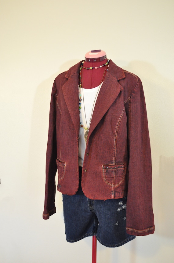 Red XL Denim JACKET - Dark Red Dyed Upcycled Casua