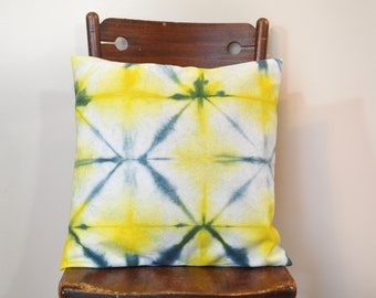 YELLOW GREEN Dyed Pillow Cover Square Sham Envelope Style Dyed Shibori DIAMOND Pattern Tie Dye Design - 16" x 16" Pillow Cover #25