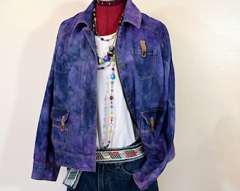 Violet Blue Large Denim JACKET - Purple Mottled Dyed Upcycled  Koret Denim Trucker Jacket - Adult Womens Size Petite Large (46 chest)