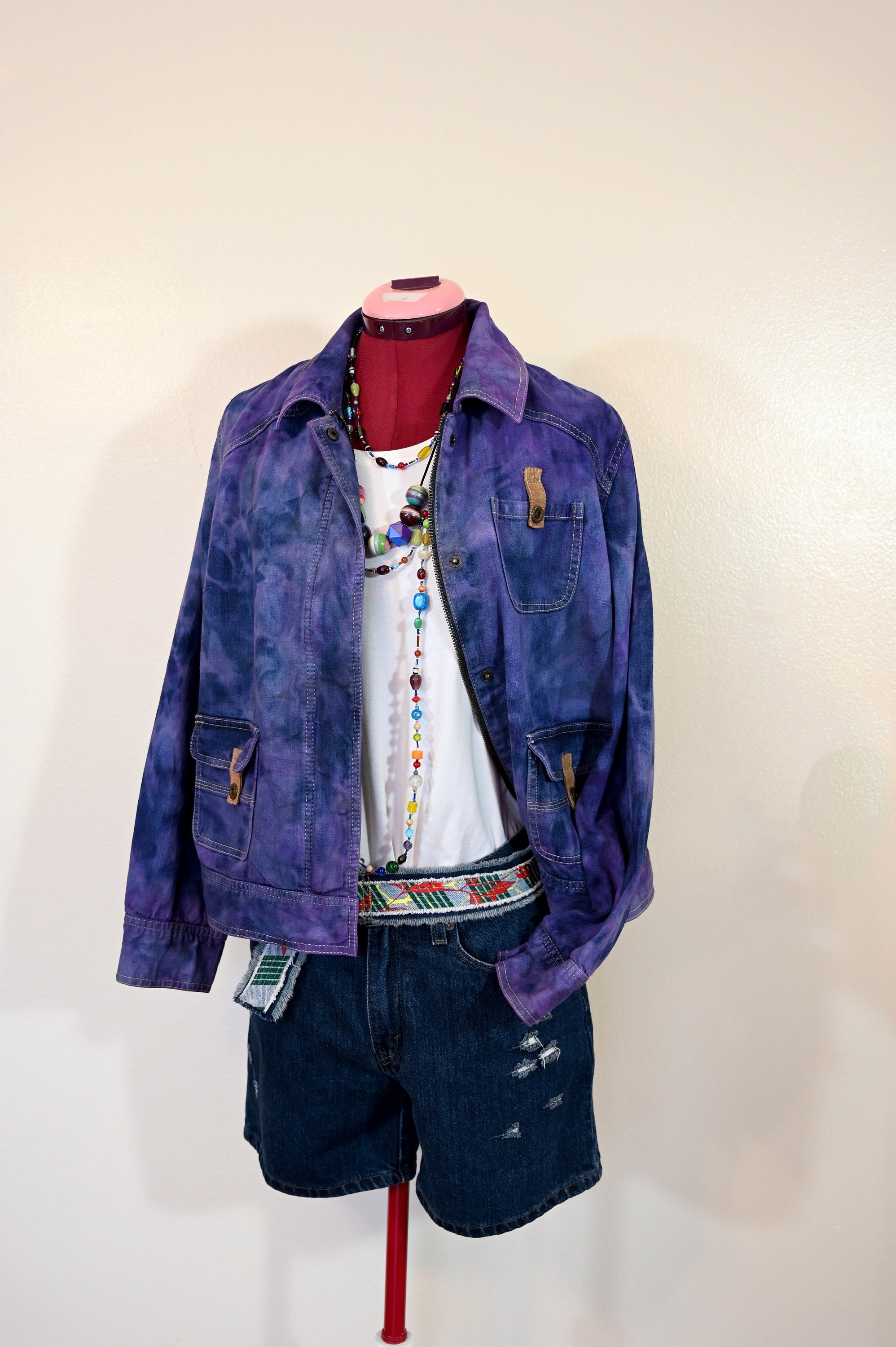 Violet Blue Large Denim JACKET Purple Mottled Dyed Upcycled Koret