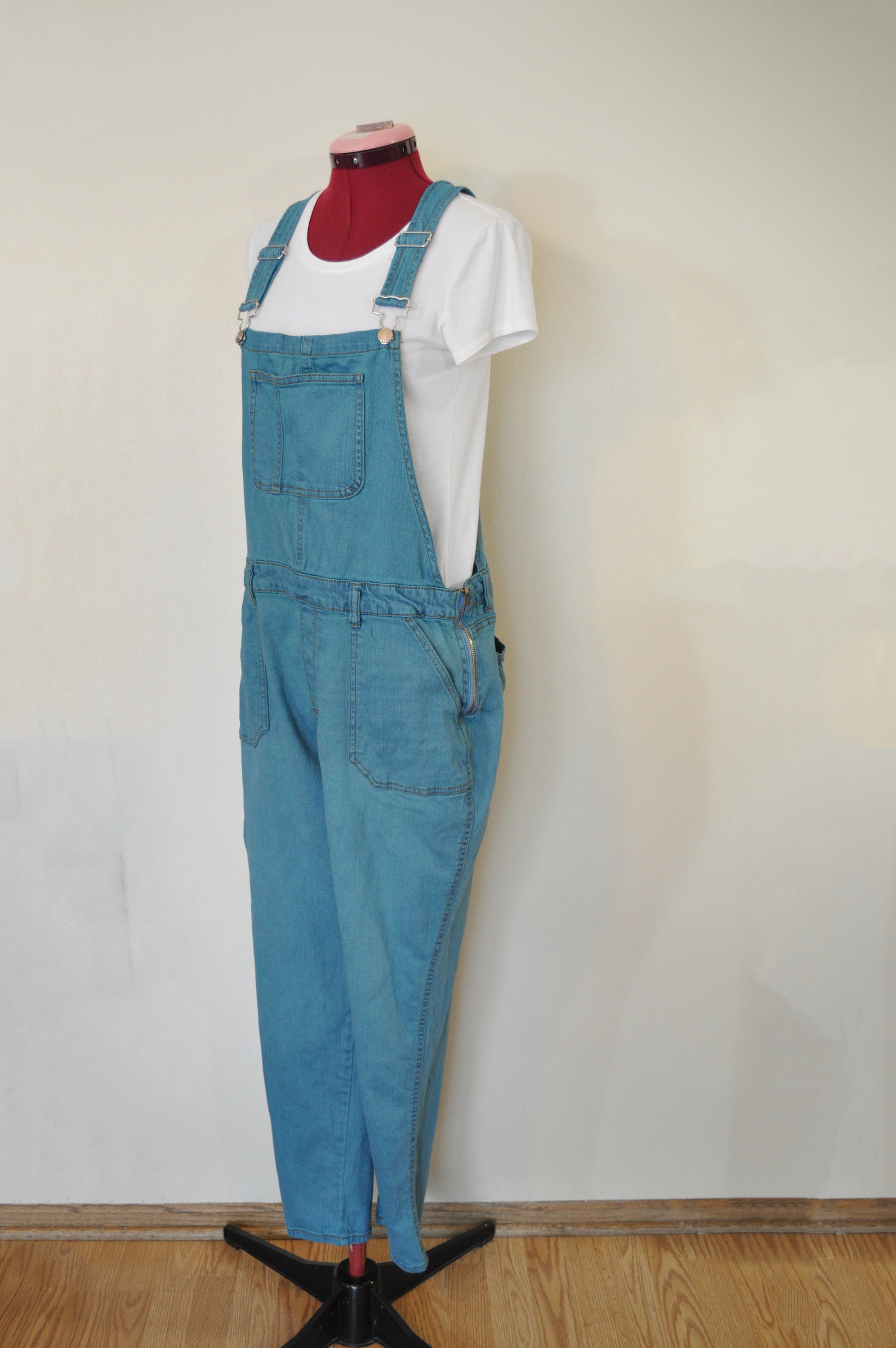 Teal 15/17 XL Bib OVERALL Pants Aqua Green Dyed Upcycled No Boundaries  Cotton Denim Overalls Adult Women Juniors Extra Large 38W X 29L 