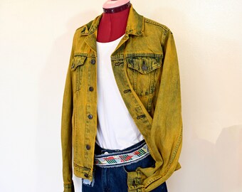Petite veste en jean pour homme dorée - veste camionneur en denim de coton recyclé teint en jaune rustique - petite taille pour homme adulte (42 po. poitrine)