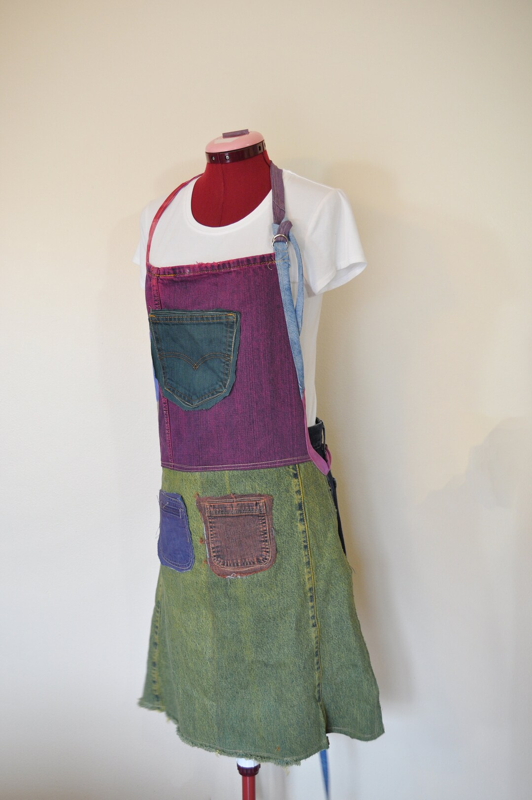 Small Dyed Denim APRON 63 Green Purple Yellow Red Dyed Upcycle Scrap