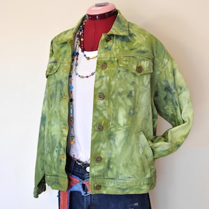 Green Mottled Dyed Womens Small Upcycled Alfred Dunner 80s Denim Trucker JACKET (46 chest)