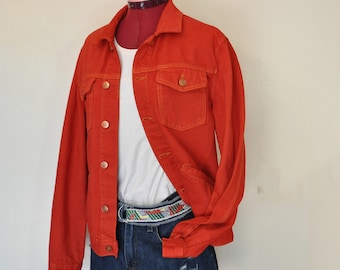 Red Men Small Denim JACKET - Scarlet Red Dyed Upcycled Forever21 Cotton Denim Trucker Jacket - Adult Men's Size Small (42 chest)