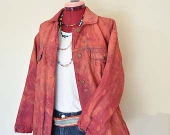 Red Orange XL Denim JACKET - Tomato Orange Dyed Upcycled Hunters Run 80s Denim Trucker Jacket - Adult Women Size Extra Large (48 chest)