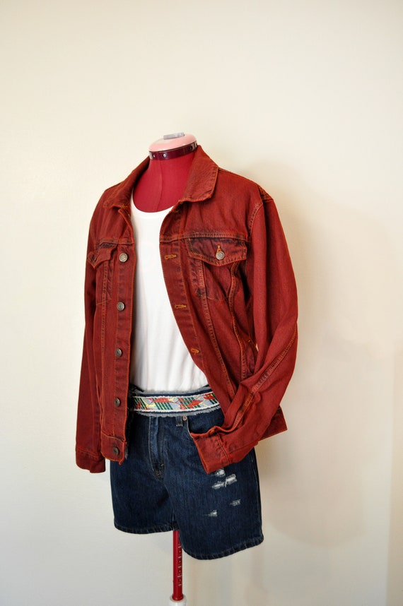 Red Men Small Denim JACKET - Scarlet Red Dyed Upcy