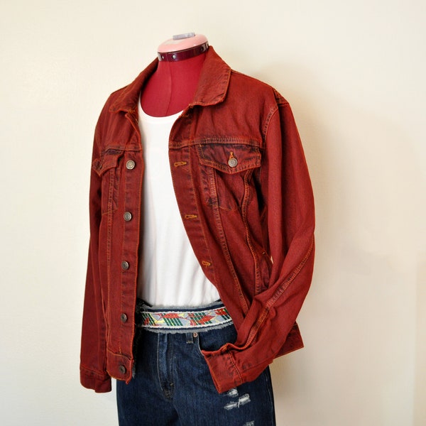 Red Men Small Denim JACKET - Scarlet Red Dyed Upcycled Primary Cotton Denim Trucker Jacket - Adult Men's Size Small (40 chest)