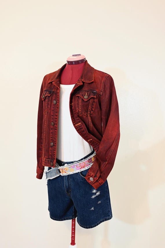 blue denim short red denim jacket