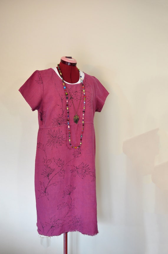 Red Large Linen Jumper DRESS - Wine Red violet Dye