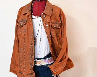 Orange Dyed Womens Extra Large XL Upcycled Live A little Denim Trucker JACKET (48" chest)