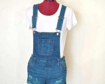 Teal Dyed Womens Juniors Small Upcycled Wax Jeans Bib OVERALL Shortalls (28W x 2L)