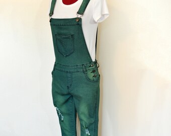 Green Dyed Womens Juniors Extra Large Upcyled Buzz Bib OVERALL Pants (30W x 28L)