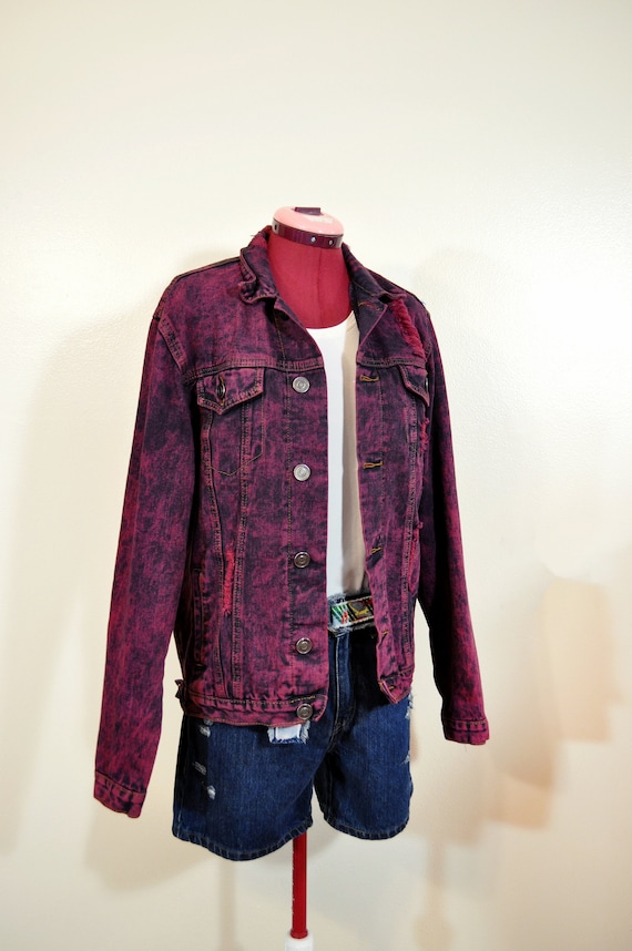 Wine Mens Small Denim JACKET - Wine Red Dyed Upcy… - image 5