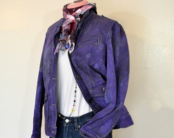 Violet Black Medium Cotton JACKET - Purple Mottled Dyed Upcycled Eddie Bauer Denim Military Blazer Jacket - Adult Womens Medium (38" chest)