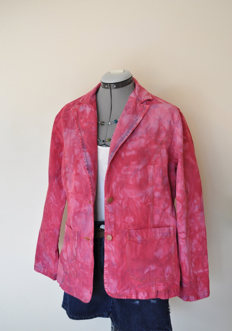 Magenta Hand Dyed Upcycled Bill Blass Cotton Denim Blazer Jacket Fuchsia Pink Small Denim JACKET Adult Women Size Small 42 chest
