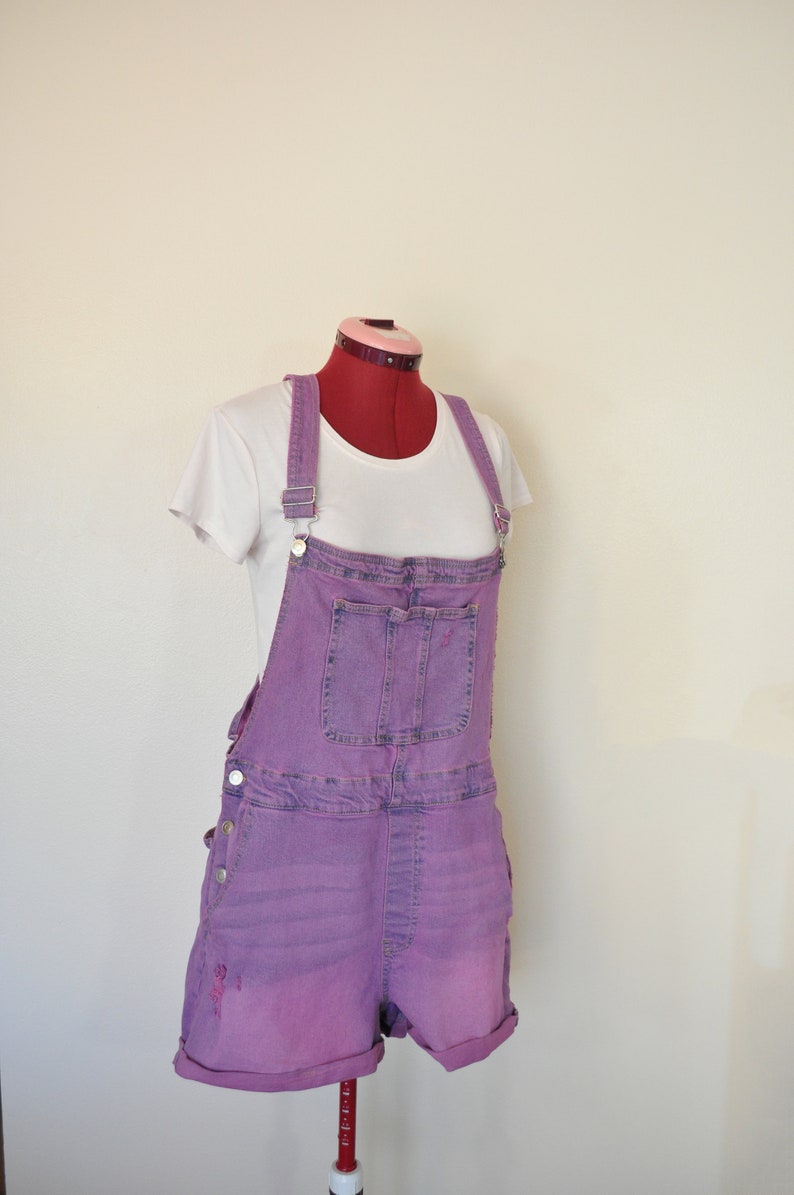 Fuchsia Pink Jrs. Xl 15/17 Bib OVERALL Shorts Pink Solid Dyed NEW No Bo Denim Shortalls Adult Women 15/17 Extra Large XL 38 Waist image 2