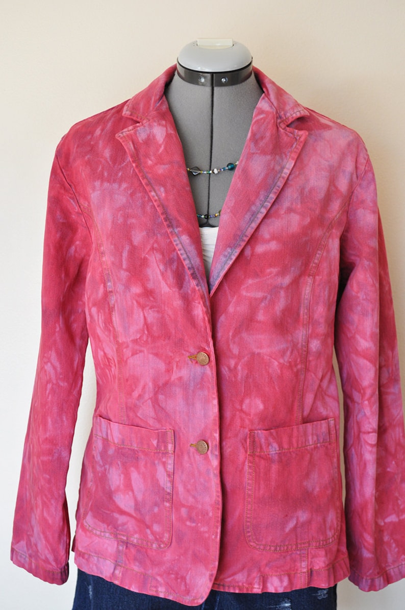 Magenta Hand Dyed Upcycled Bill Blass Cotton Denim Blazer Jacket Fuchsia Pink Small Denim JACKET Adult Women Size Small 42 chest