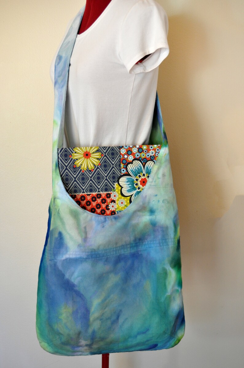 Hand Made Ice Dyed Cotton Denim Handbag Over the Shoulder Messenger Book Laptop Tote 40 Blue Green Dyed Canvas Handbag Satchel