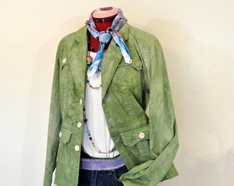 Green Mottled Dyed Women's Large Upcycled Department of Peach Safari Blazer JACKET (40" chest)