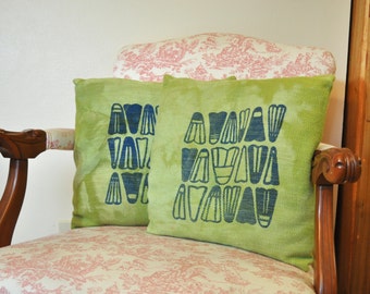 Decorative Pillow Cover Screen Print on Apple Green Dyed Pillow with Blue Shuttlecock Badminton Birdie Design - 16" Pillow