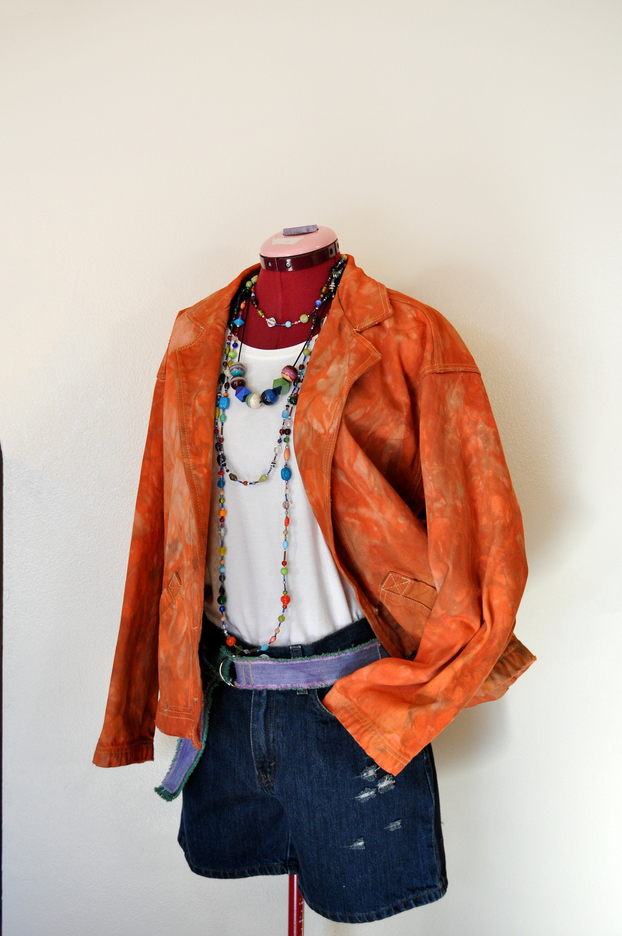 Orange Womens Medium Denim JACKET - Tangerine Mottled Dyed Orange Womens Medium Denim JACKET - Tangerine Mottled Dyed
