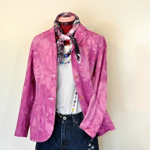 Pink Womens Small Cotton JACKET - Fuchsia Pink Dyed Upcycled Lands End Cotton Denim Blazer Jacket - Adult Womens Size 6 Small (38&quot; chest)