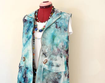 Blue Green Ice Dyed Womens Medium Upcycled Christopher & Banks Cotton Safari VEST (42" chest)