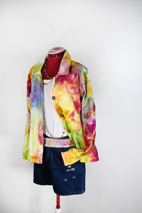 Pink Yellow Ice Dyed Large Upcycled Maurices Denim Trucker JACKET (46" chest)