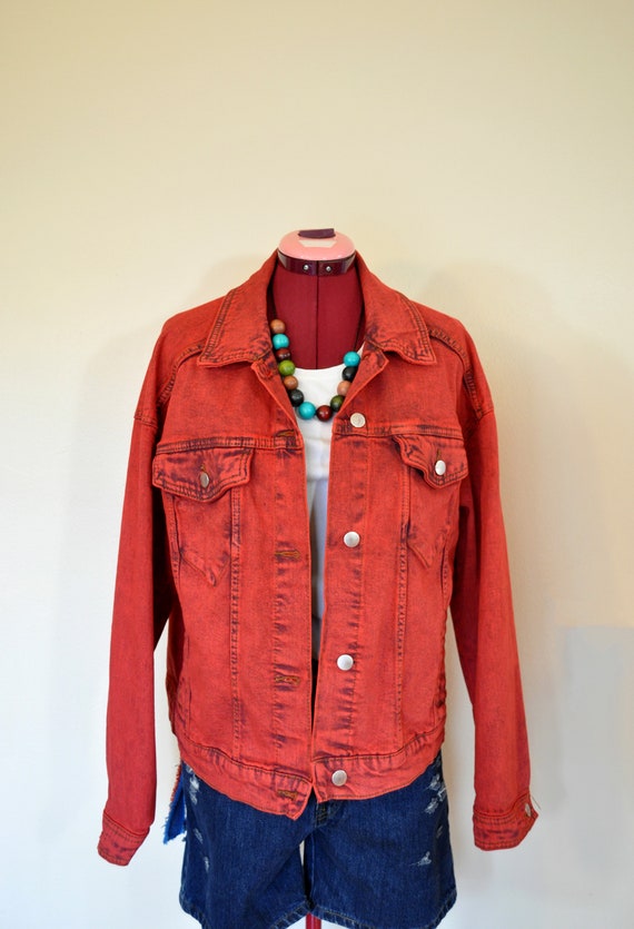 Red Medium Denim JACKET - Scarlet Red Dyed Upcycl… - image 5
