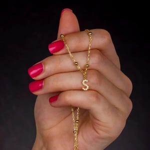 Collar con inicial de circonita cúbica de oro macizo de 14 quilates, dije de inicial personalizado, collar con letra de oro real, regalo, cadena de oro macizo real de 14 quilates