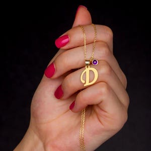 Collar con piedra de nacimiento inicial de oro macizo de 14 quilates, dije de inicial personalizado, collar con piedra de nacimiento de oro real, regalo, delicada cadena de oro con pequeña inicial