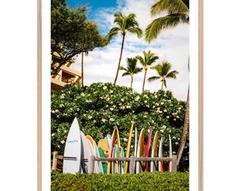 Hawaii Surfboard Photo: Tropical Beach Print, Palm Tree Art