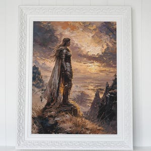 Female Warrior Digital Print | Book Nook Decor | Fantasy Knight Wall Art | Epic Heroine Artwork | Medieval Sunset Poster