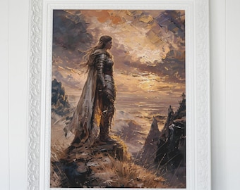 Female Warrior Digital Print | Book Nook Decor | Fantasy Knight Wall Art | Epic Heroine Artwork | Medieval Sunset Poster