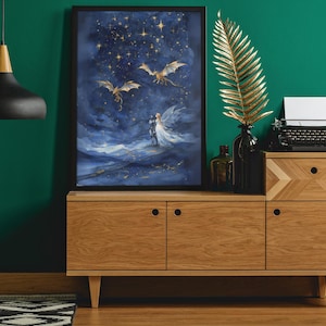 Wydruk fantasy Starry Night | Zaczarowana sztuka wróżek i rycerzy | Cyfrowe dzieło sztuki Celestial Dragons | Eteryczna romantyczna dekoracja ścienna | Kącik książkowy