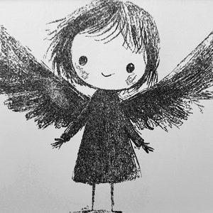May include: A black and white pencil drawing of a child with wings. The child is smiling and has short hair. The wings are large and detailed.
