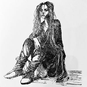 May include: A black and white line drawing of a person with long hair sitting with their legs crossed and wearing a long coat and boots.
