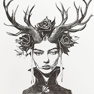 May include: A black and white pen and ink drawing of a person with antlers and roses in their hair. The person is wearing a high-collared garment.