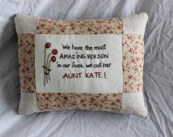 Aunt pillow with tag on back