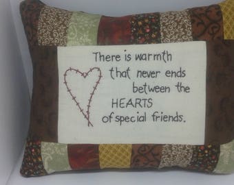 Hand Embroidered Friendship Pillow, Country Patchwork Design