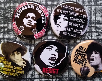 Angela Davis 1.25" button set, Lot of 5-1.25" Black Power, Black Panther Party, Magnet, pins, badge