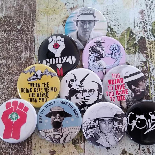 Hunter S. Thompson Buttons,  10- 1.25" Button Set, Gonzo Buttons, Literary Icons,  Fear & Loathing button, pin, Magnet, Badges