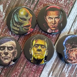 Monster Fridge Magnets 1.75&quot; set, Lot of 5 Magnets, Classic Monster Magnets, Movie Monster Magnet,  Magnet gift set Button pins, badge