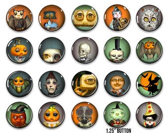 Halloween Horror Buttons, 20-1.25"  Vintage Halloween pins, Party favor, button, pin, badge, Magnet