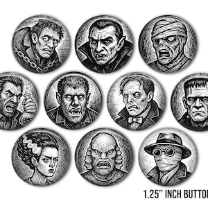 Linocut Horror Monsters Classic 1.25 Button Set Classic Movie Monsters, Horror Monster Gift, Classic Movie Monsters, Halloween spooky