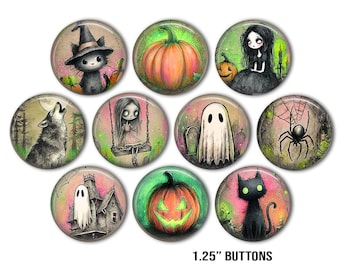 Botones de Halloween / Conjunto de pines espeluznantes y caprichosos / Botones góticos, espeluznantes y kawaii de gato fantasma, calabaza y bruja